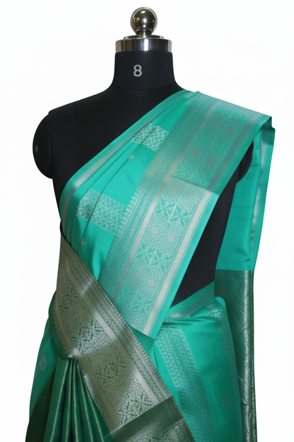 Elegant Teal Green Silk Saree with Heavy Silver Zari Weave