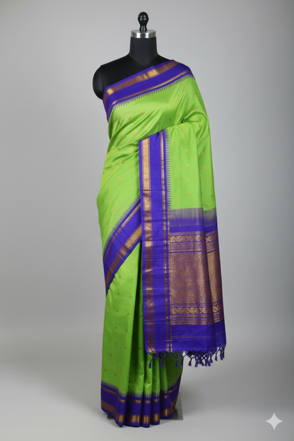 Vibrant Lime Green Silk Saree with Royal Blue Contrast and Traditional Zari