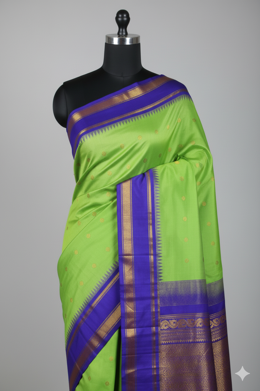 Vibrant Lime Green Silk Saree with Royal Blue Contrast and Traditional Zari
