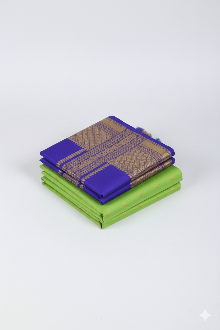 Vibrant Lime Green Silk Saree with Royal Blue Contrast and Traditional Zari