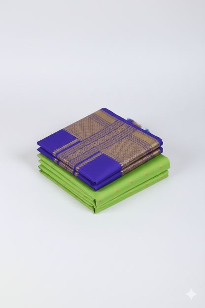 Vibrant Lime Green Silk Saree with Royal Blue Contrast and Traditional Zari