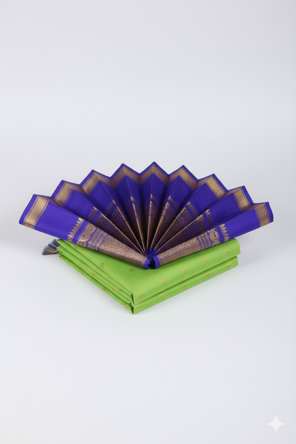 Vibrant Lime Green Silk Saree with Royal Blue Contrast and Traditional Zari