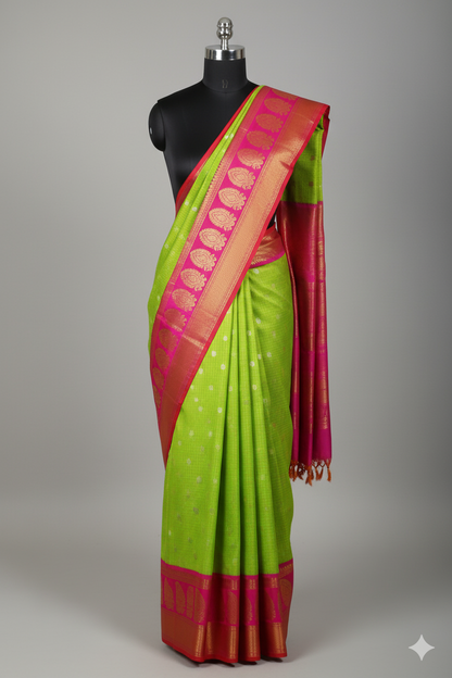 Vibrant Lime Green Silk Saree with Hot Pink Contrast and Gold Zari Mango Motifs