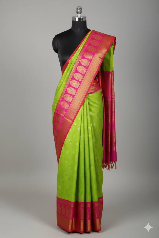 Vibrant Lime Green Silk Saree with Hot Pink Contrast and Gold Zari Mango Motifs