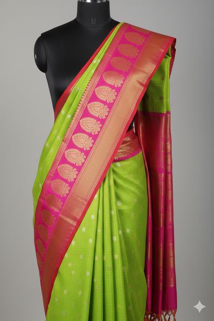 Vibrant Lime Green Silk Saree with Hot Pink Contrast and Gold Zari Mango Motifs