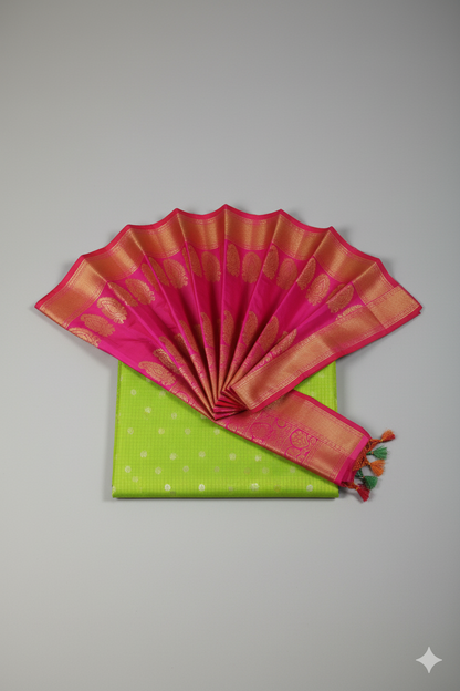Vibrant Lime Green Silk Saree with Hot Pink Contrast and Gold Zari Mango Motifs