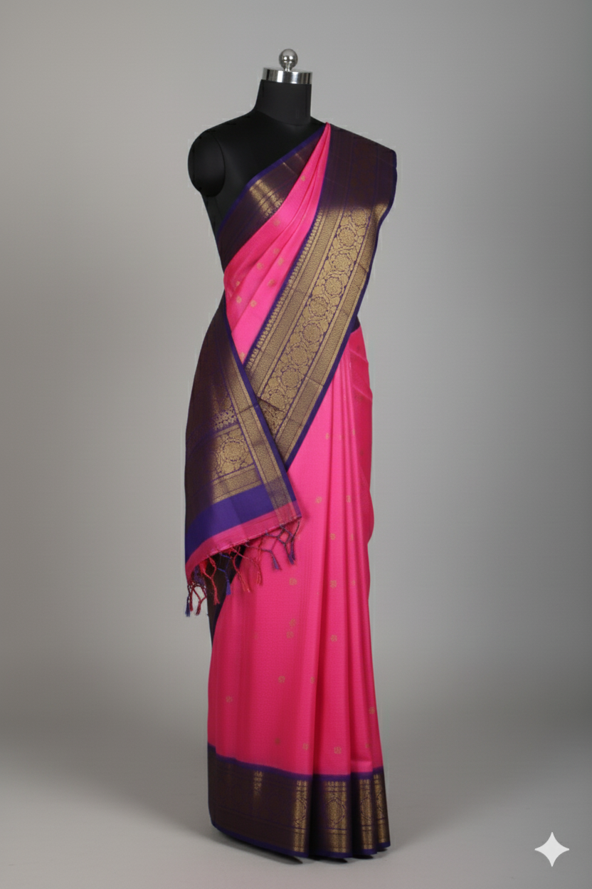 Classic Fuchsia Pink Silk Saree with Royal Violet Contrast and Heavy Gold Zari