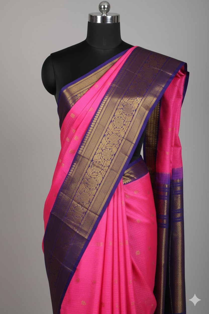 Classic Fuchsia Pink Silk Saree with Royal Violet Contrast and Heavy Gold Zari
