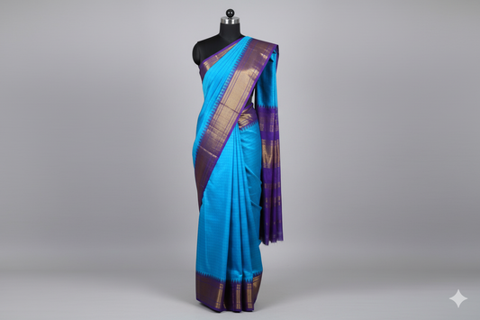 Luminous Turquoise Blue Silk Saree with Royal Purple Contrast and Gold Zari