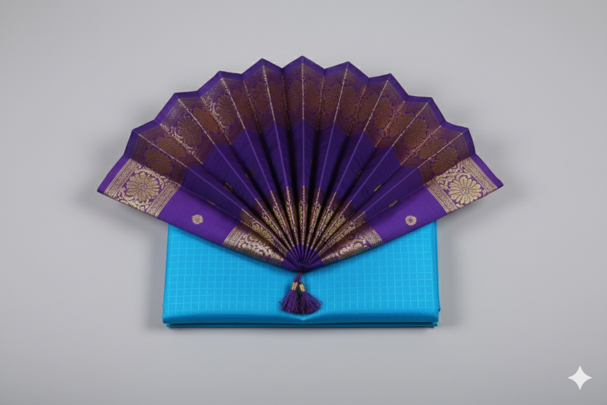 Luminous Turquoise Blue Silk Saree with Royal Purple Contrast and Gold Zari