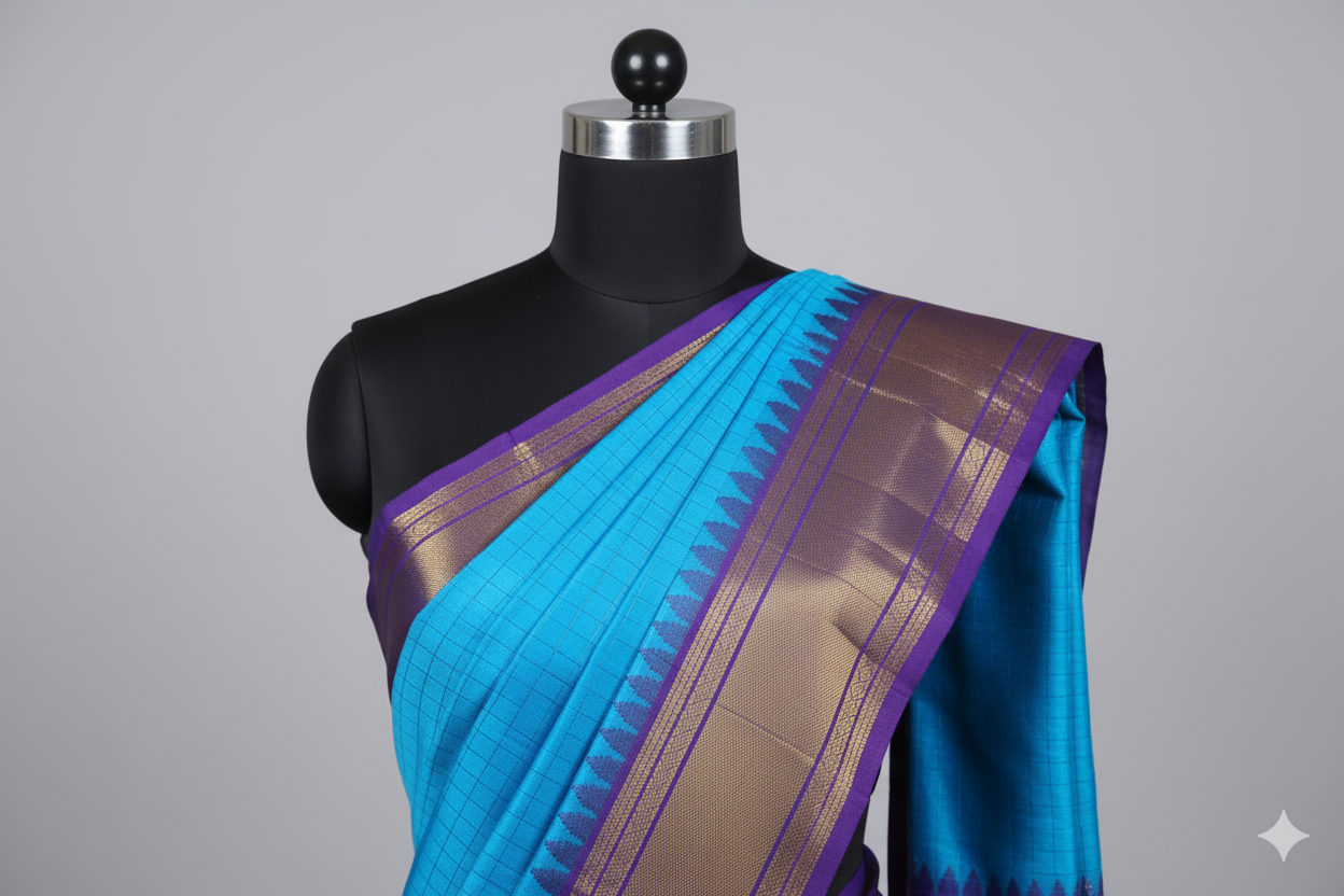 Luminous Turquoise Blue Silk Saree with Royal Purple Contrast and Gold Zari