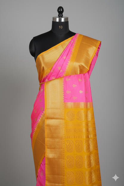 Grand Fuchsia Pink Silk Saree with Turmeric Yellow Contrast and Heavy Gold Zari