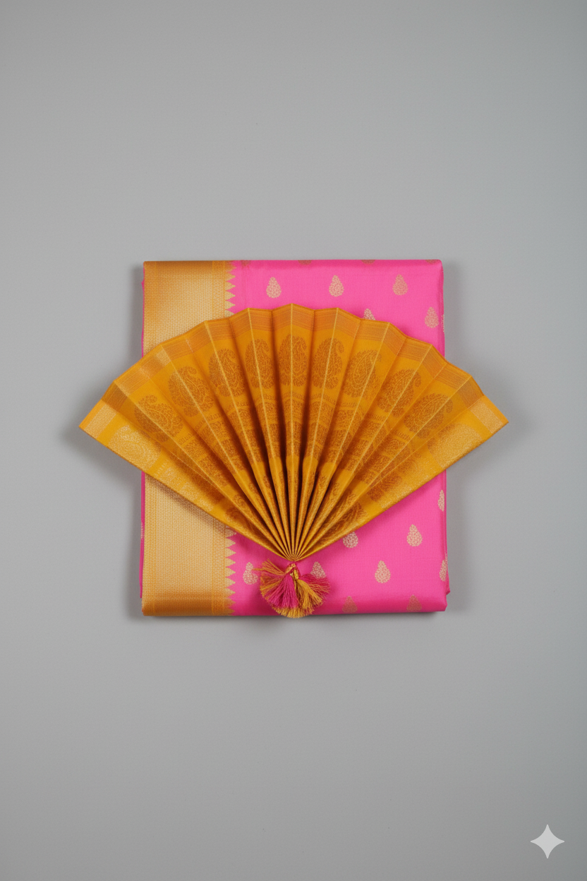 Grand Fuchsia Pink Silk Saree with Turmeric Yellow Contrast and Heavy Gold Zari