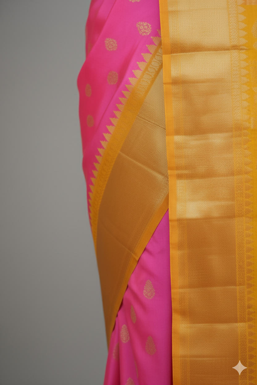 Grand Fuchsia Pink Silk Saree with Turmeric Yellow Contrast and Heavy Gold Zari
