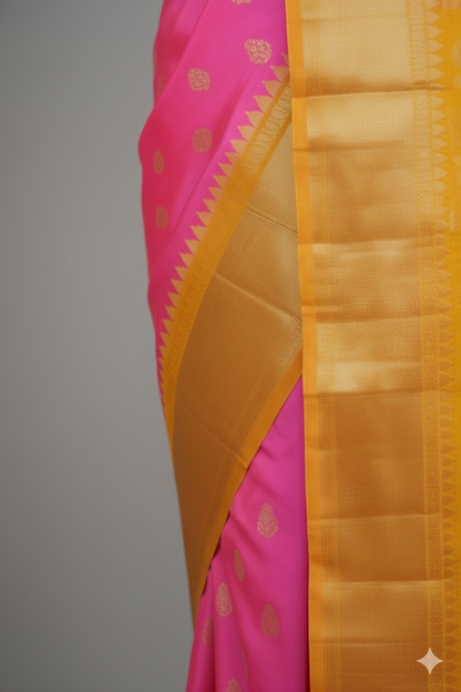 Grand Fuchsia Pink Silk Saree with Turmeric Yellow Contrast and Heavy Gold Zari