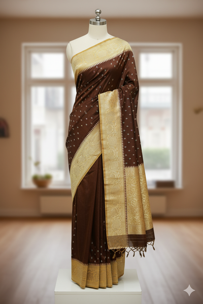 Chocolate Brown Banarasi Silk Saree with Golden Zari Border