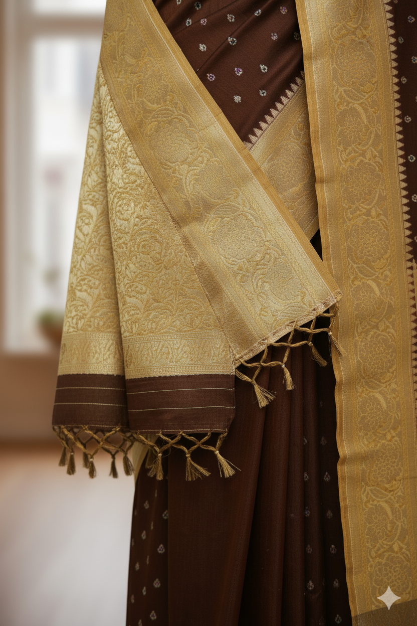 Chocolate Brown Banarasi Silk Saree with Golden Zari Border