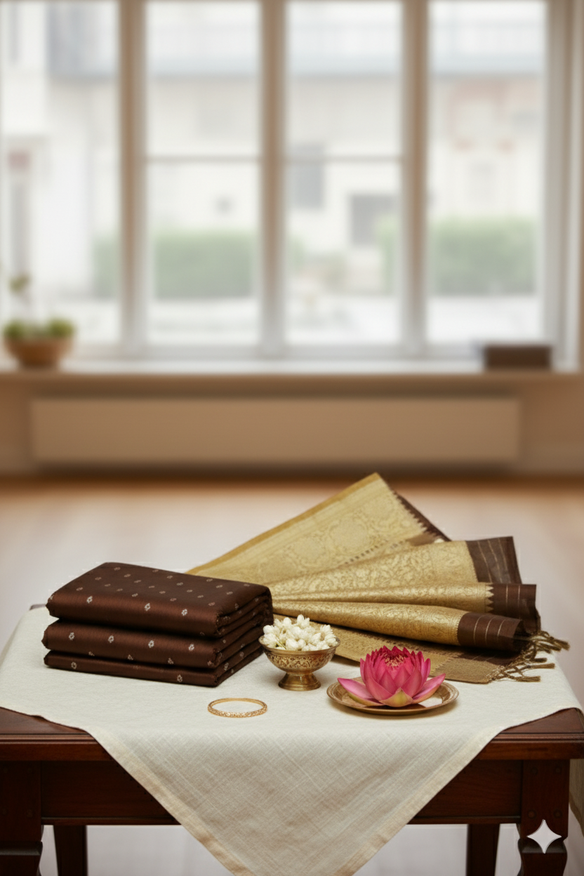 Chocolate Brown Banarasi Silk Saree with Golden Zari Border