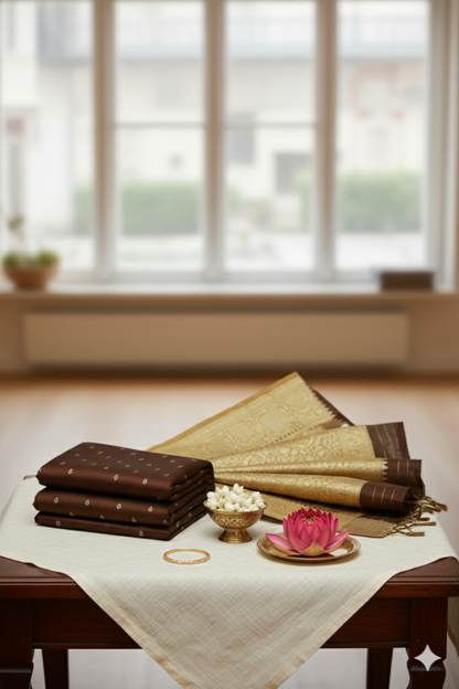Chocolate Brown Banarasi Silk Saree with Golden Zari Border