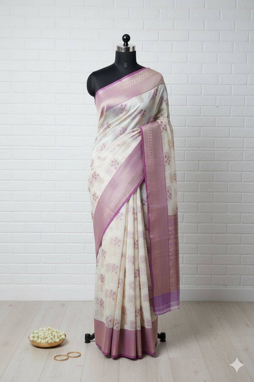 Ivory & Lavender Banarasi Silk Saree with Floral Zari Border