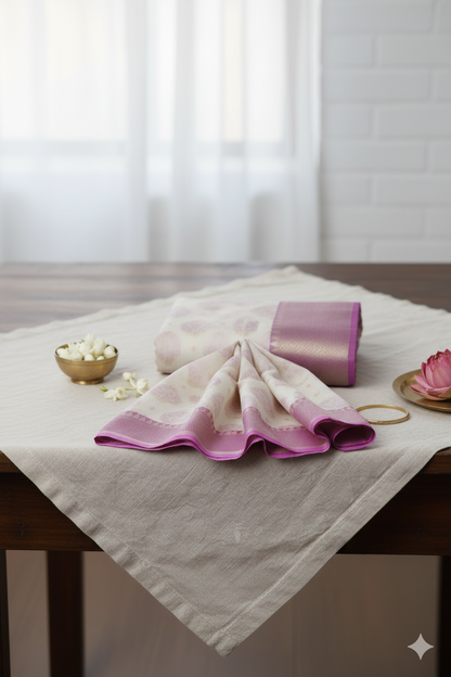 Ivory & Lavender Banarasi Silk Saree with Floral Zari Border
