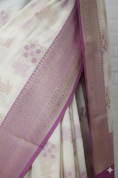 Ivory & Lavender Banarasi Silk Saree with Floral Zari Border