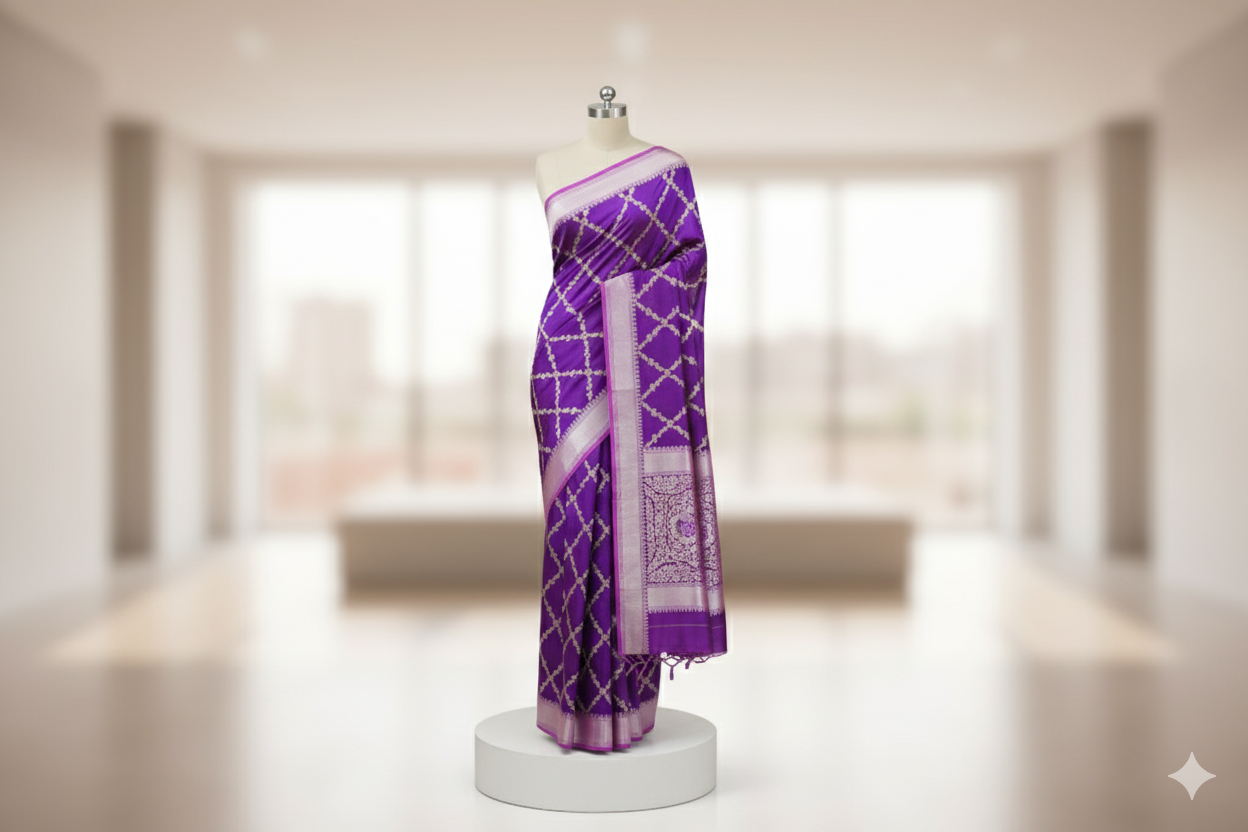 Royal Purple Silk Saree with Silver Zari Weaving & Floral Pallu