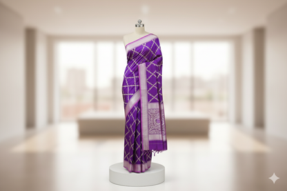 Royal Purple Silk Saree with Silver Zari Weaving & Floral Pallu