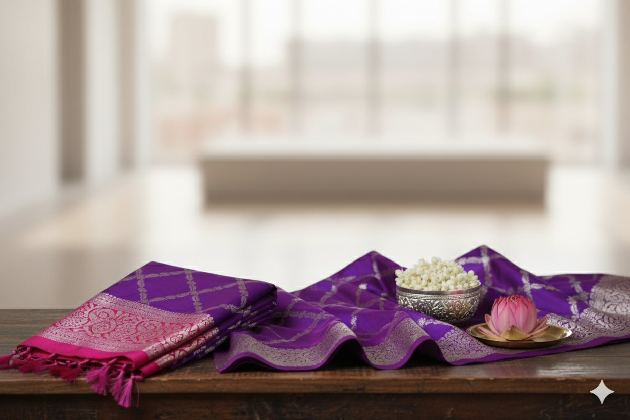 Royal Purple Silk Saree with Silver Zari Weaving & Floral Pallu