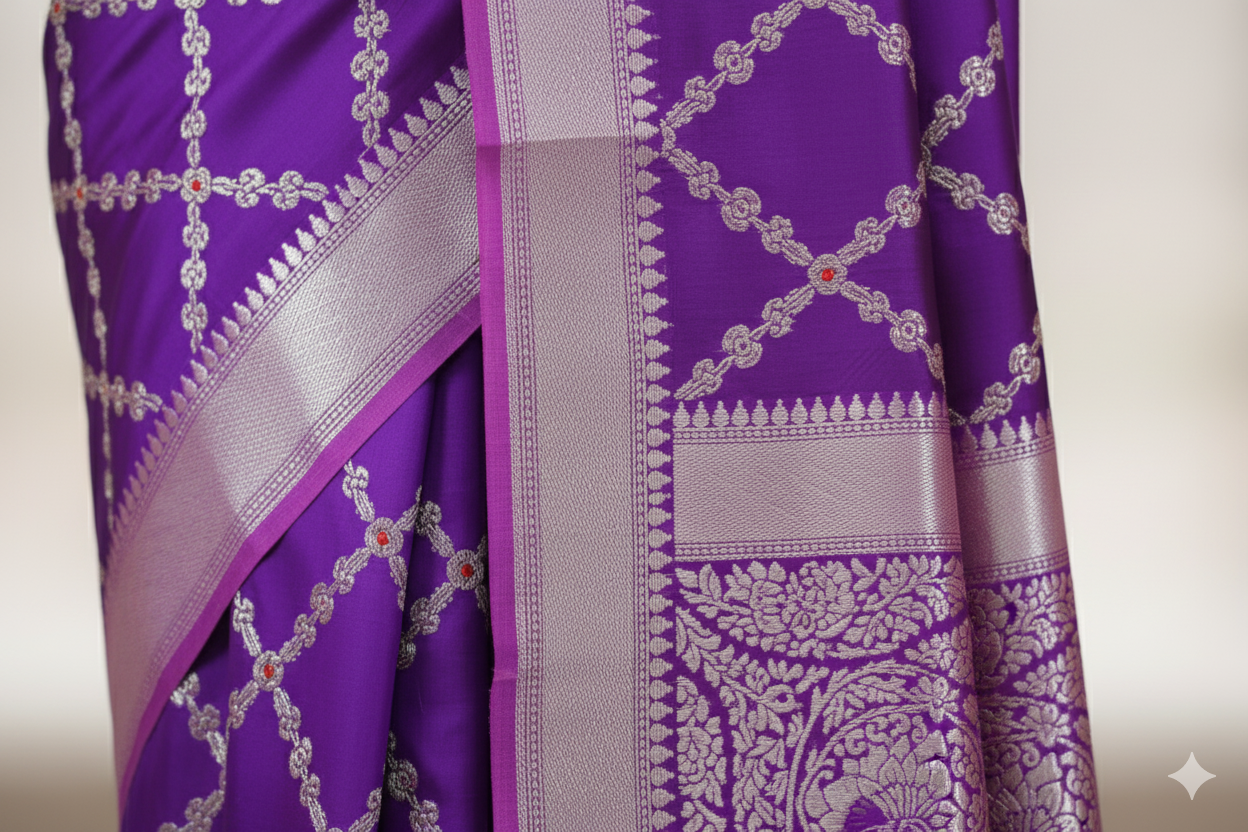 Royal Purple Silk Saree with Silver Zari Weaving & Floral Pallu
