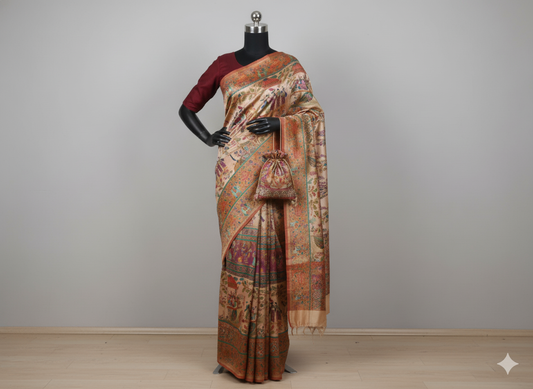 Exquisite Beige Kalamkari Silk Saree