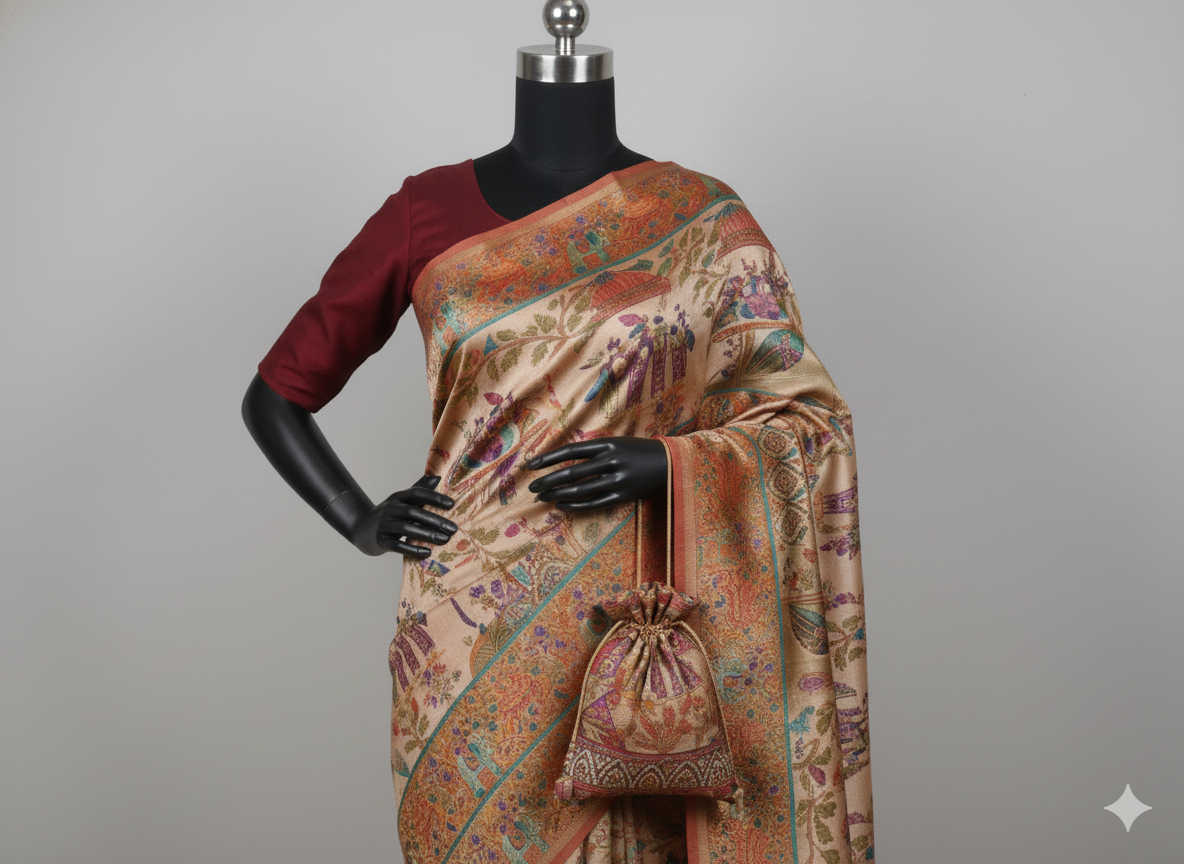 Exquisite Beige Kalamkari Silk Saree