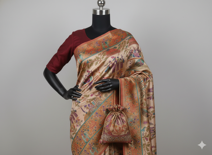 Exquisite Beige Kalamkari Silk Saree