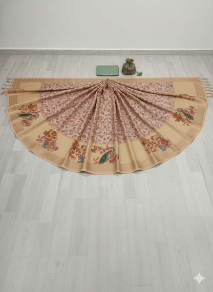 Exquisite Beige Kalamkari Silk Saree