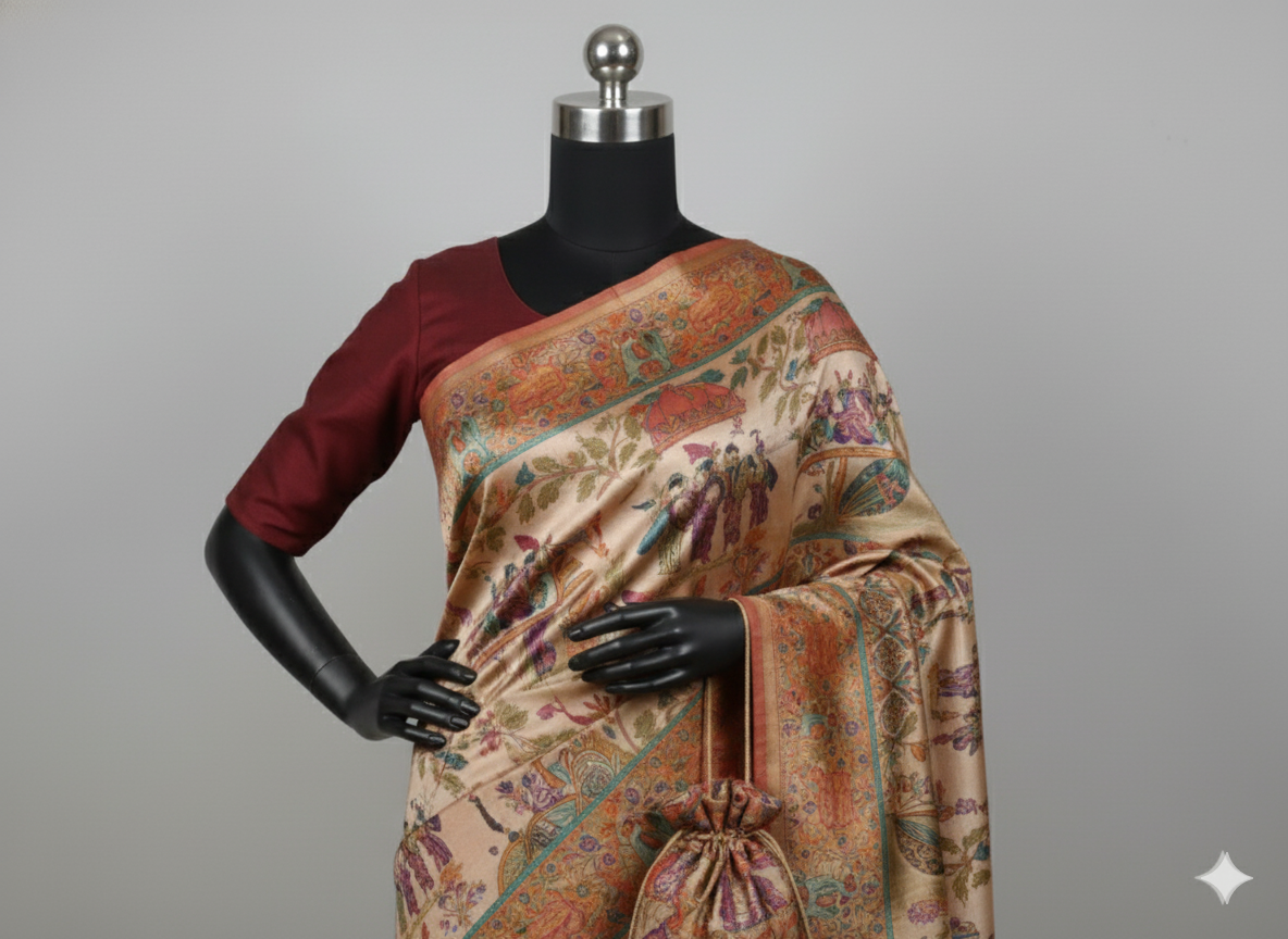 Dark Majestic Beige Kalamkari Silk Saree