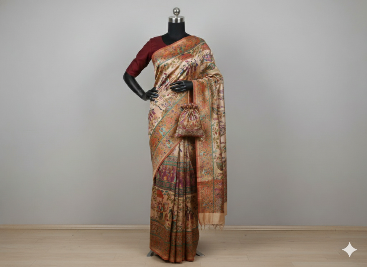 Dark Majestic Beige Kalamkari Silk Saree