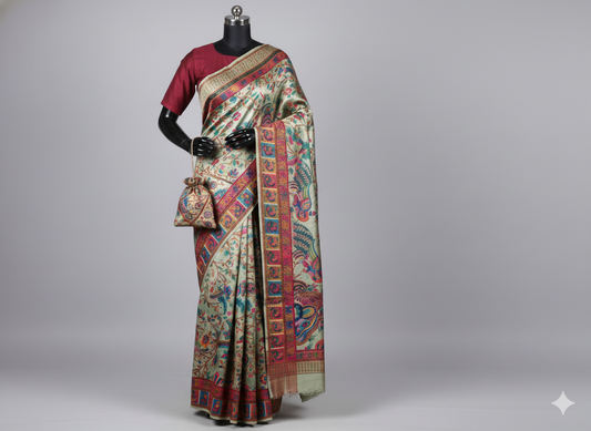 Ethereal Silvery-Sage Kalamkari Silk Saree