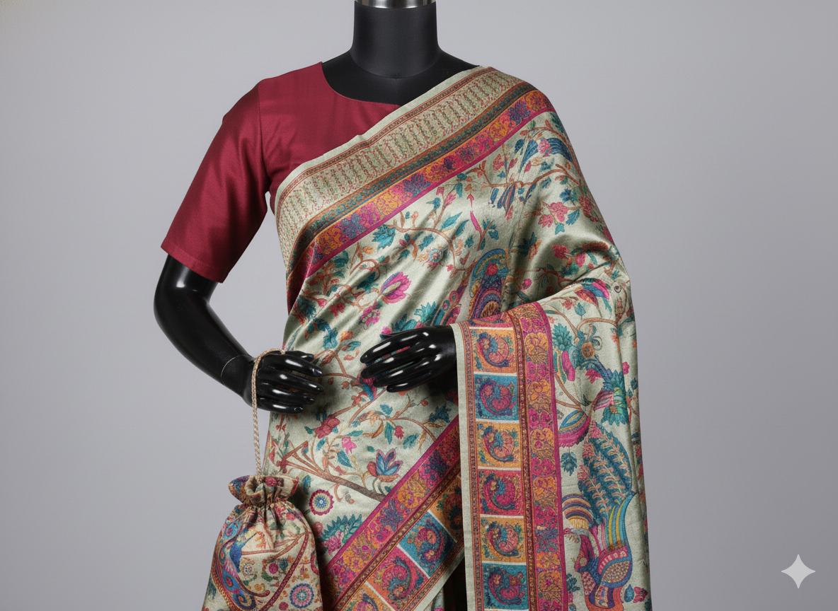 Ethereal Silvery-Sage Kalamkari Silk Saree