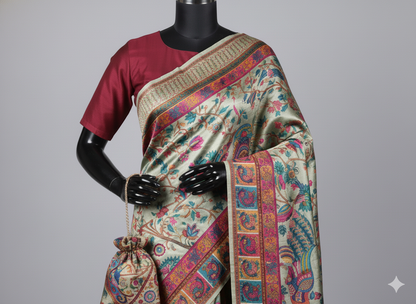 Ethereal Silvery-Sage Kalamkari Silk Saree